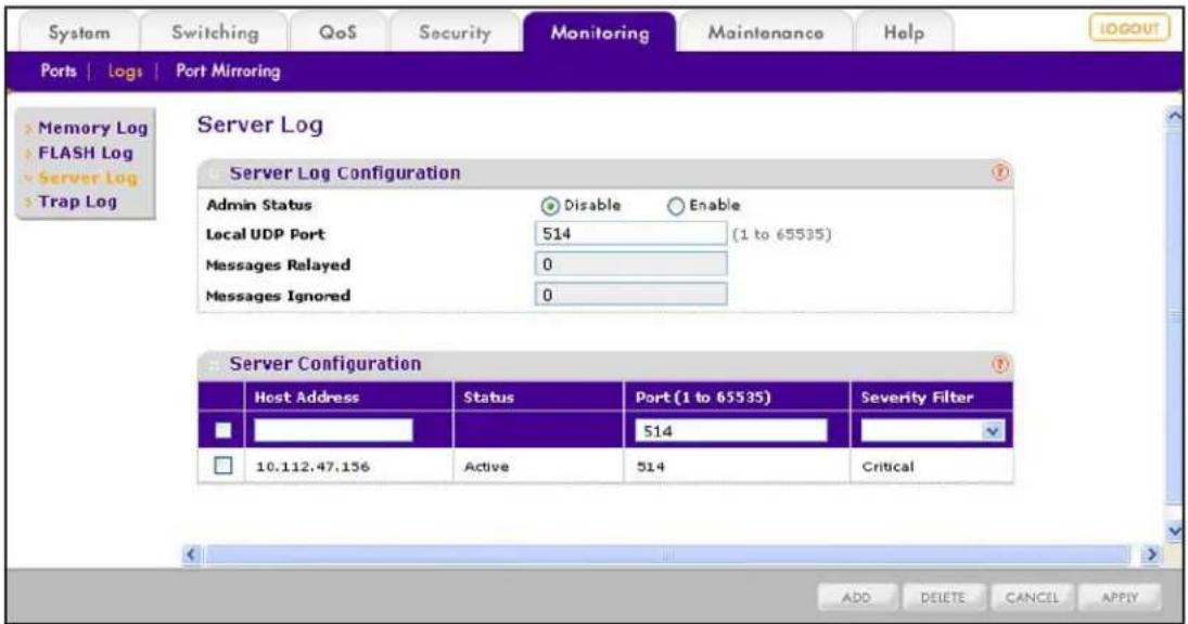 System Switching QoS Security Monitoring Maintenance Help Ports | Logs | Port Mirroring Server Log Server Log Configuration Admin Status Disable Enable Local UDP Port 514 (1 to 65535) Messages Relayed 0 Messages Ignored 0 Server Configuration Host Address Status Port (1 to 65535) Severity Filter 10.112.47.156 Active 514 Critical ADD DELETE CANCEL APPLY