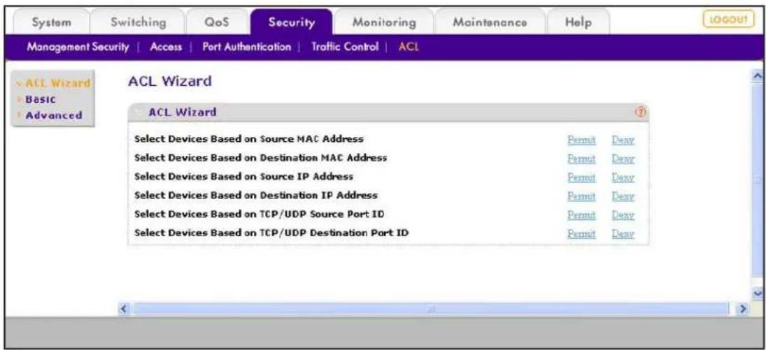 System Switching QoS Security Monitoring Maintenance Help MANAGEMENT SECURITY | Access | Port Authentication | Traffic Control | ACL ACL Wizard ACL Wizard Select Devices Based on Source MAC Address Permut Deay Select Devices Based on Destination MAC Address Permut Deay Select Devices Based on Source IP Address Permut Deay Select Devices Based on Destination IP Address Permut Deay Select Devices Based on TCP/UDP Source Port ID Permut Deay Select Devices Based on TCP/UDP Destination Port ID Permut Deay