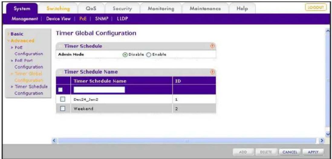 System Switching QoS Security Monitoring Maintenance Help MANAGEMENT | Device View | PoE | SNMP | LLDP Timer Global Configuration Timer Schedule Admin Mode Disable Enable Timer Schedule Name Timer Schedule Name ID Dec24_Jan2 1 Weekend 2 ADD DELETE CANCEL APPLY