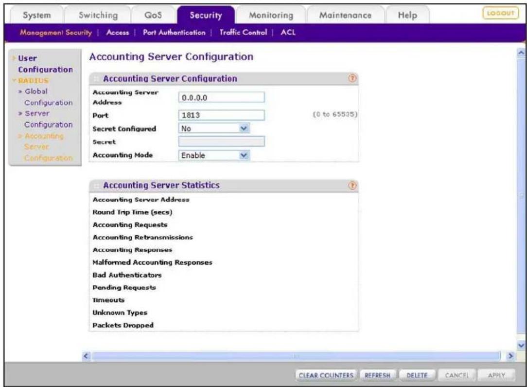 System Switching QoS Security Monitoring Maintenance Help MANAGEMENT SECURITY | Access | Port Authentication | Traffic Control | ACL Accounting Server Configuration Accounting Server Configuration Accounting Server 0.0.0.0 Address Port 1813 (0 to 65535) Secret Configured No Secret Accounting Mode Enable Accounting Server Statistics Accounting Server Address Round Trip Time (secs) Accounting Requests Accounting Retransmissions Accounting Responses Malformed Accounting Responses Bad Authenticators Pending Requests Timeouts Unknown Types Packets Dropped User Configuration RADIUS Global Configuration Server Configuration Accounting Server Configuration