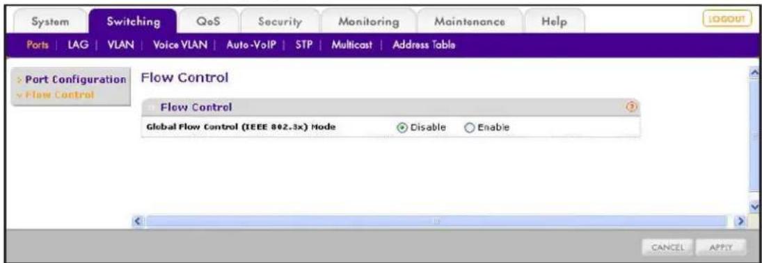 System Switching QoS Security Monitoring Maintenance Help Ports | LAG | VLAN | Voice VLAN | Auto-VoIP | STP | Multicast | Address Table > Port Configuration Flow Control Flow Control Global Flow Control (IEEE 802.3x) Mode Disable Enable CANCEL APPLY