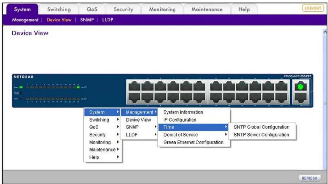 System Switching QoS Security Monitoring Maintenance Help MANAGEMENT | Device View | SNMP | LLDP Device View NETGEAR PROSAFE FSS2ST System Switching QoS Security Monitoring Maintenance Help Management Device View SNMP LLDP System Information IP Configuration Time Denial of Service Green Ethernet Configuration SNTP Global Configuration SNTP Server Configuration REFRESH