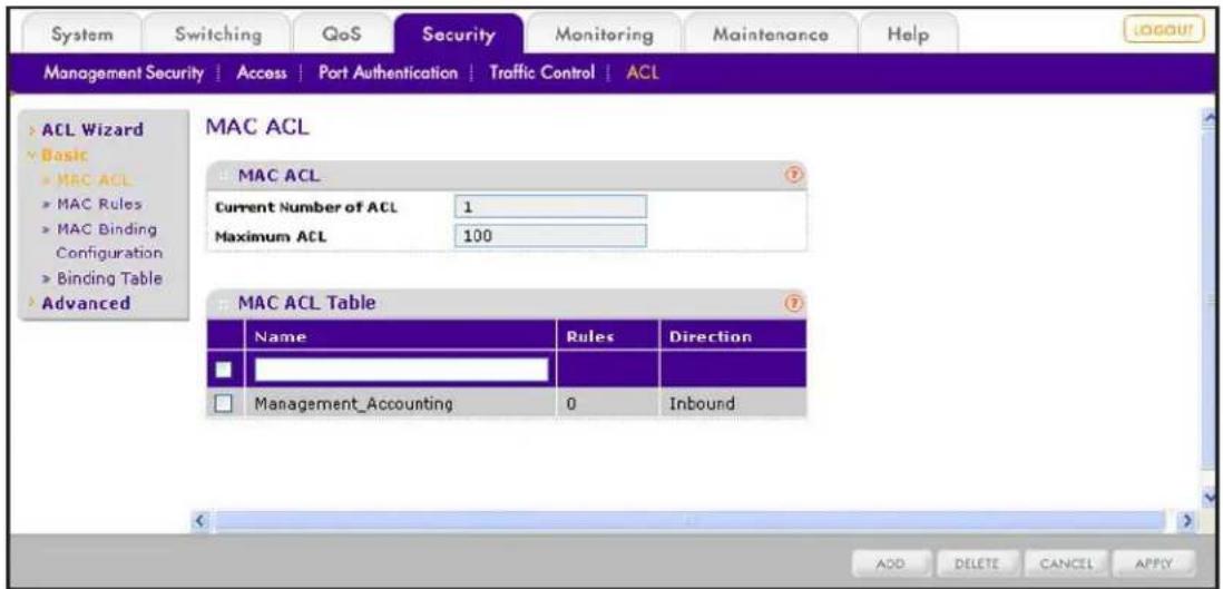 System Switching QoS Security Monitoring Maintenance Help Management Security | Access | Port Authentication | Traffic Control | ACL ACL Wizard Basic MAC ACL MAC Rules MAC Binding Configuration Binding Table Advanced MAC ACL MAC ACL Current Number of ACL 1 Maximum ACL 100 MAC ACL Table Name Rules Direction □_ □ Management_Accounting 0 Inbound ADD DELETE CANCEL APPY