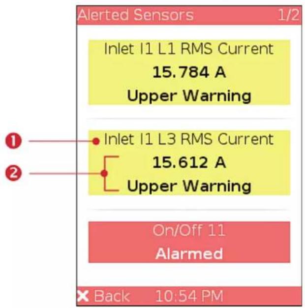 Alerted Sensors 1/2 Inlet I1 L1 RMS Current 15.784 A Upper Warning ① Inlet I1 L3 RMS Current 15.612 A Upper Warning On/Off 11 Alarmed Back 10:54 PM