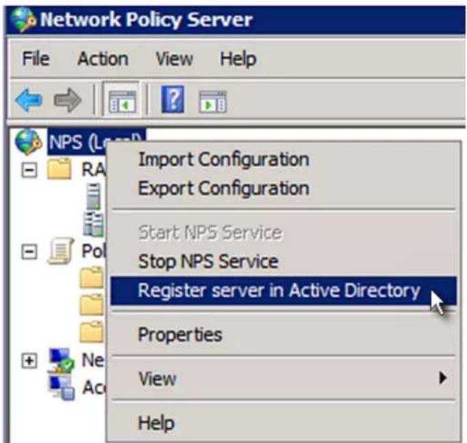 Network Policy Server File Action View Help NPS (L) Import Configuration Export Configuration Start NPS Service Stop NPS Service Register server in Active Directory Properties View Help