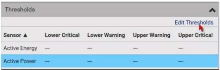 Thresholds Edit Thresholds Sensor ▲ Lower Critical Lower Warning Upper Warning Upper Critical Active Energy --- --- --- --- Active Power --- --- --- ---