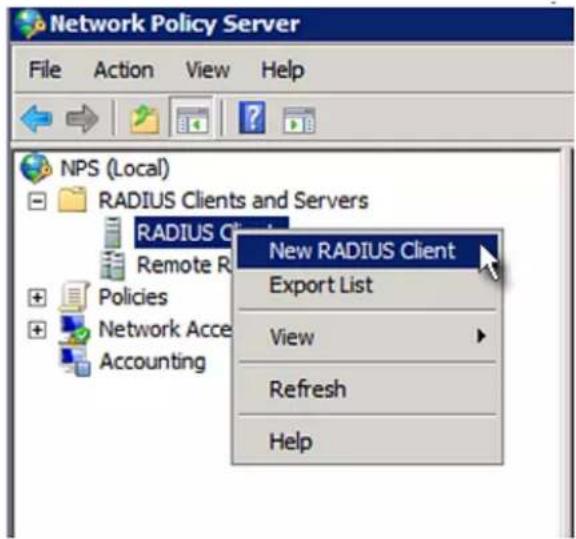 Network Policy Server File Action View Help NPS (Local) RADIUS Clients and Servers RADIUS Client Remote R Policies Network Acce Accounting New RADIUS Client Export List View Refresh Help