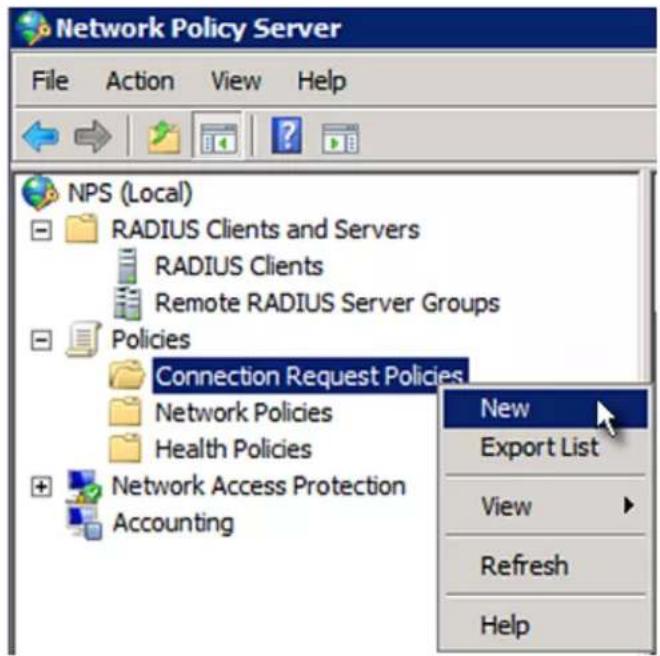 Network Policy Server File Action View Help NPS (Local) RADIUS Clients and Servers RADIUS Clients Remote RADIUS Server Groups Policies Connection Request Policies Network Policies Health Policies Network Access Protection Accounting New Export List View Refresh Help