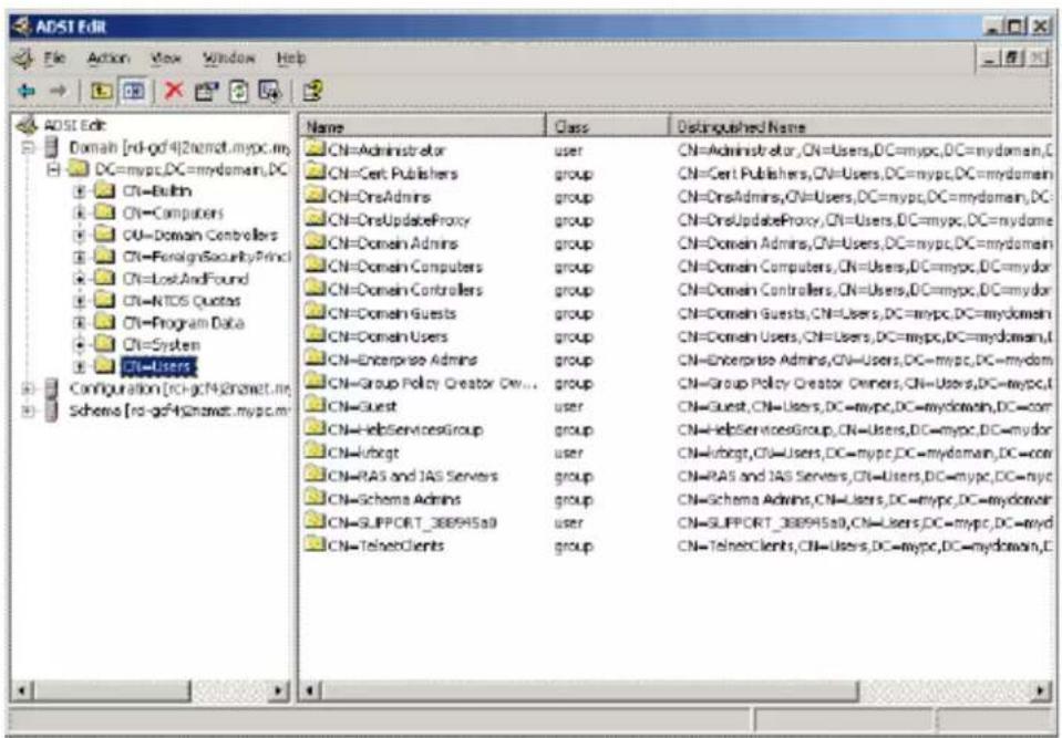 ADST Edit File Action View Window Help Domain [rd-gd4]2nemet.mypc.my DC=mypc,DC=mydomain,DC CN=Bulbin CN=Computers CN=Domain Controllers CN=ForeignSecurityPrinc1 CN=LostAndFound CN=NTOS Quotes CN=Program Data CN=System CN=Users Configuration [rc-gd4]2nemet.my Scheme [rd-gd4]2nemet.mypc.my Name Class Distinguished Name CN=Administrator User CN=Administrator,ON=Users,DC=mypc,DC=mydomain,DC CN=Cert Publishers/group CN=Cert Publishers,ON=Users,DC=mypc,DC=mydomain CN=OneAdmins/group CN=OneAdmins,ON=Users,DC=mypc,DC=mydomain,DC CN=OneUpdateProxy/group CN=OneUpdateProxy,ON=Users,DC=mypc,DC=mydomain CN=Domain Admins/group CN=Domain Admins,ON=Users,DC=mypc,DC=mydomain CN=Domain Computers/group CN=Domain Computers,ON=Users,DC=mypc,DC=mydom CN=Domain Controllers/group CN=Domain Controllers,ON=Users,DC=mypc,DC=mydom CN=Domain Guests/group CN=Domain Guests,ON=Users,DC=mypc,DC=mydomain CN=Domain Users/group CN=Domain Users,ON=Users,DC=mypc,DC=mydomain, CN=Enterprise Admins/group CN=Enterprise Admins,ON=Users,DC=mypc,DC=mydom CN=Group Policy Creator Dev...group CN=Group Policy Creator Owners,CN=Users,DC=mypc,I CN=Guest(userServicesGroup/group CN=Guest,CN=Users,DC=mypc,DC=mydomain,DC=com CN=Hubsgt(userServicesGroup,CN=Users,DC=mypc,DC=mydom,CN=cubg) CN=RAS and IAS Servers/group CN=RAS and IAS Servers,CN=Users,DC=mypc,DC=mypc CN=Schema Admins/group CN=Schema Admins,CN=Users,DC=mypc,DC=mydomain CN=SUPPORT_388945a0(user,SUPPORT_388945a0,CN=Users,DC=mypc,DC=mydom CN=TelnerClients(user,TelnerClients,CN=Users,DC=mypc,DC=mydomain,E