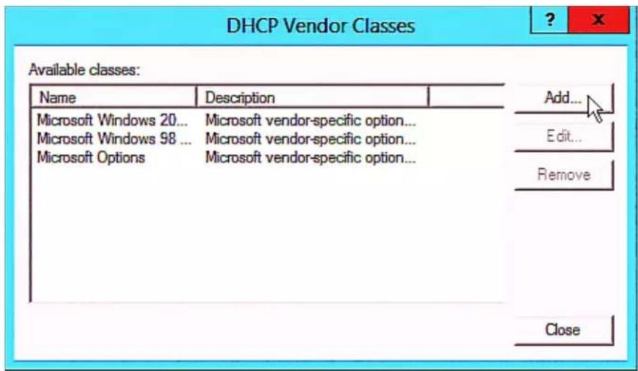 DHCP Vendor Classes Available classes: Name Description Microsoft Windows 20... Microsoft vendor-specific option... Microsoft Windows 98 ... Microsoft vendor-specific option... Microsoft Options Microsoft vendor-specific option... Add... Edit... Remove Close