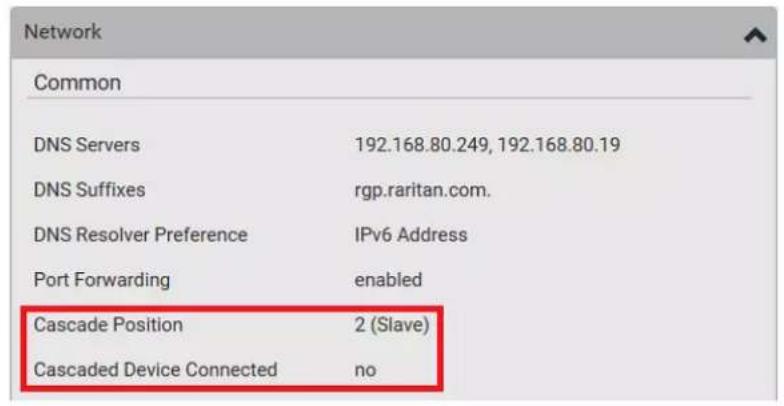 Network Common DNS Servers 192.168.80.249, 192.168.80.19 DNS Suffixes rgp.raritan.com. DNS Resolver Preference IPv6 Address Port Forwarding enabled Cascade Position 2 (Slave) Cascaded Device Connected no