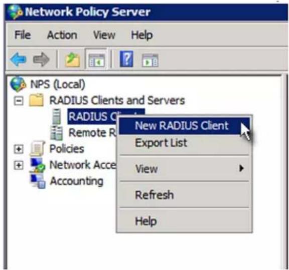 Network Policy Server File Action View Help NPS (Local) RADIUS Clients and Servers RADIUS Client Remote R Policies Network Acce Accounting New RADIUS Client Export List View Refresh Help