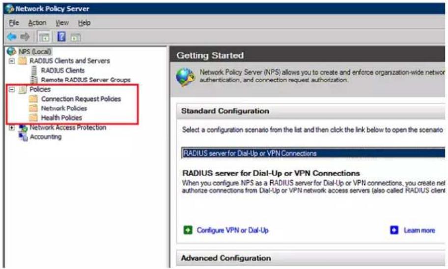 Network Policy Server File Action View Help NPS (Local) RADIUS Clients and Servers RADIUS Clients Remote RADIUS Server Groups Policies Connection Request Policies Network Policies Health Policies Network Access Protection Accounting Getting Started Network Policy Server (NPS) allows you to create and enforce organization-wide network authentication, and connection request authorization. Standard Configuration Select a configuration scenario from the list and then click the link below to open the scenario RADIUS server for Dial-Up or VPN Connections RADIUS server for Dial-Up or VPN Connections When you configure NPS as a RADIUS server for Dial-Up or VPN connections, you create net authorize connections from Dial-Up or VPN network access servers (also called RADIUS client Configure VPN or Dial-Up Learn more Advanced Configuration