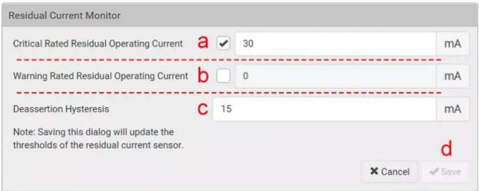 Residual Current Monitor Critical Rated Residual Operating Current a 30 mA Warning Rated Residual Operating Current b 0 mA Deassertion Hysteresis c 15 mA Note: Saving this dialog will update the thresholds of the residual current sensor. × Cancel ✓ Save d