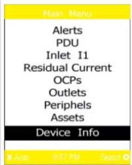 Main Menu Alerts PDU Inlet I1 Residual Current OCPs Outlets Periphels Assets Device Info