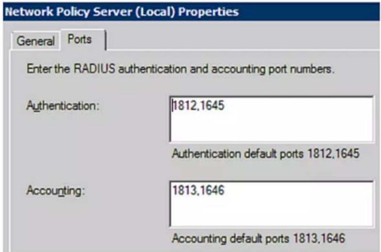 Network Policy Server (Local) Properties General Ports Enter the RADIUS authentication and accounting port numbers. Authentication: 1812,1645 Authentication default ports 1812,1645 Accounting: 1813,1646 Accounting default ports 1813,1646