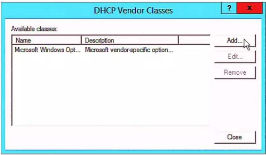 DHCP Vendor Classes Available classes: Name Description Microsoft Windows Opt... Microsoft vendor-specific option... Add... Edit... Remove Close