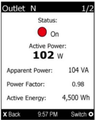 Outlet N 1/2 Status: On Active Power: 102 W Apparent Power: 104 VA Power Factor: 0.98 Active Energy: 4,500 Wh X Back 9:57 PM Switch ○