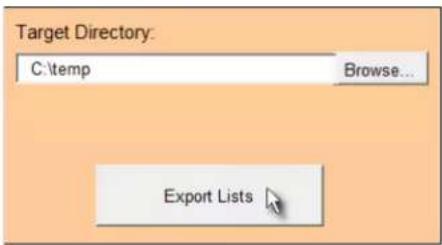 Target Directory: C:\temp Browse... Export Lists