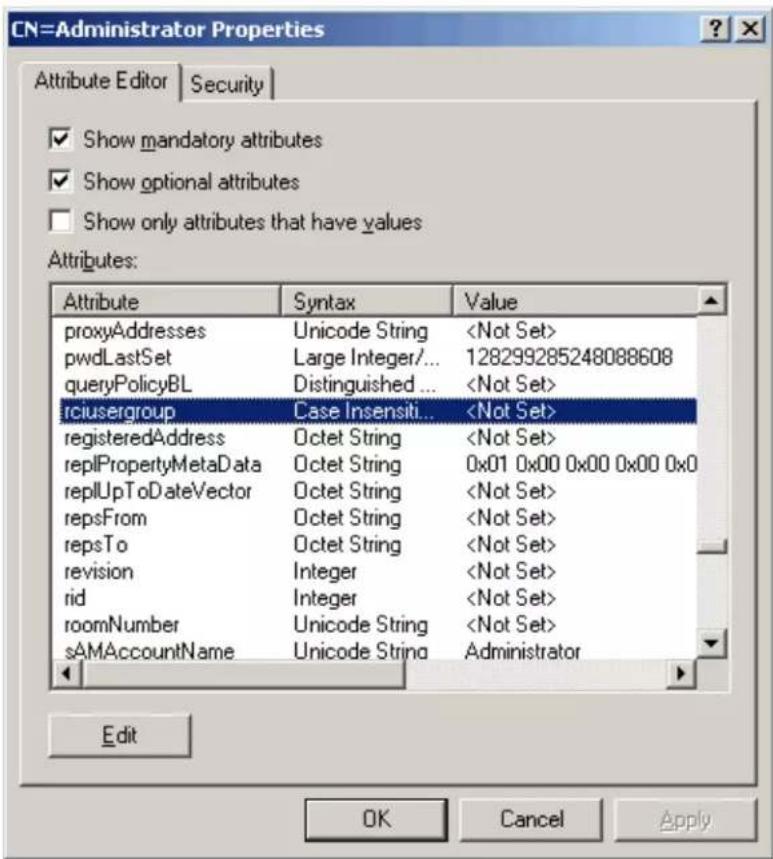 CN=Administrator Properties Attribute Editor | Security | ✓ Show mandatory attributes ✓ Show optional attributes ☐ Show only attributes that have values Attributes: Attribute Syntax Value proxyAddresses Unicode String pwdLastSet Large Integer/... 128299285248088608 queryPolicyBL Distinguished ... rciusergroup Case Insensiti... registeredAddress Octet String replPropertyMetaData Octet String 0x01 0x00 0x00 0x00 0x0 replUpToDateVector Octet String repsFrom Octet String repsTo Octet String revision Integer rid Integer roomNumber Unicode String sAMAccountName Unicode String Administrator Edit OK Cancel Apply