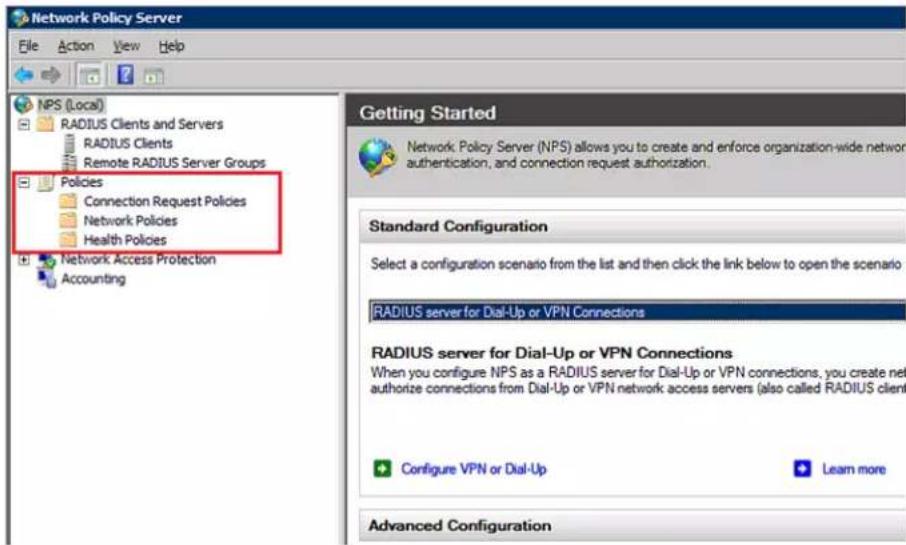 Network Policy Server File Action View Help NPS (Local) RADIUS Clients and Servers RADIUS Clients Remote RADIUS Server Groups Policies Connection Request Policies Network Policies Health Policies Network Access Protection Accounting Getting Started Network Policy Server (NPS) allows you to create and enforce organization-wide network authentication, and connection request authorization. Standard Configuration Select a configuration scenario from the list and then click the link below to open the scenario RADIUS server for Dial-Up or VPN Connections RADIUS server for Dial-Up or VPN Connections When you configure NPS as a RADIUS server for Dial-Up or VPN connections, you create net authorize connections from Dial-Up or VPN network access servers (also called RADIUS client Configure VPN or Dial-Up Learn more Advanced Configuration