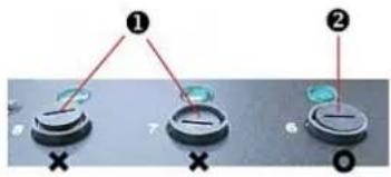 Diagram showing three labeled circular components (①, ②, ⑥) with cross symbols and colored indicators, likely illustrating a mechanical or electrical setup.