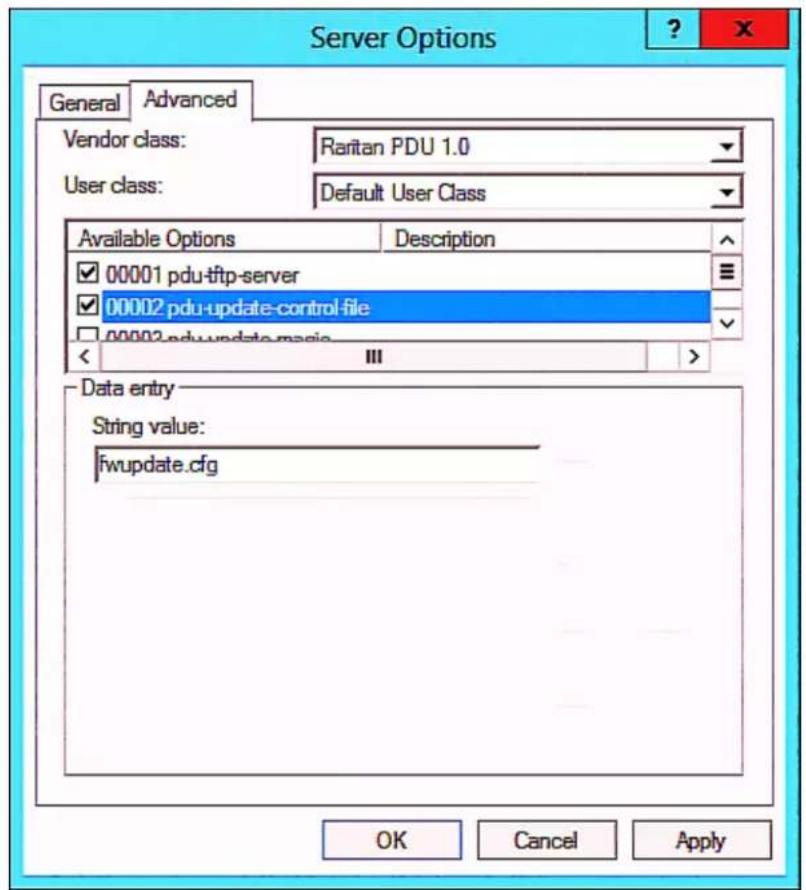 Server Options General Advanced Vendor class: Raritan PDU 1.0 User class: Default User Class Available Options Description ✓ 00001 pdu-tftp-server ✓ 00002 pdu-update-control-file ✓ 00002.pdu-update-magia < III > Data entry String value: fwupdate.cfg OK Cancel Apply