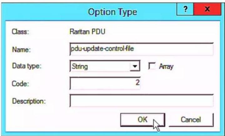 Option Type Class: Raritan PDU Name: pdu-update-control-file Data type: String Array Code: 2 Description: OK Cancel