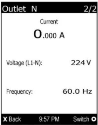 Outlet N 2/2 Current 0.000 A Voltage (L1-N): 224 V Frequency: 60.0 Hz X Back 9:57 PM Switch ○