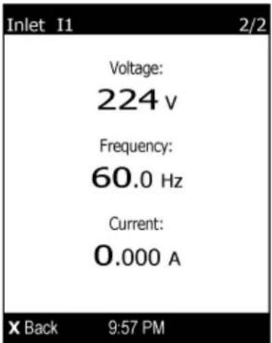 Inlet I1 2/2 Voltage: 224 v Frequency: 60.0 Hz Current: 0.000 A X Back 9:57 PM
