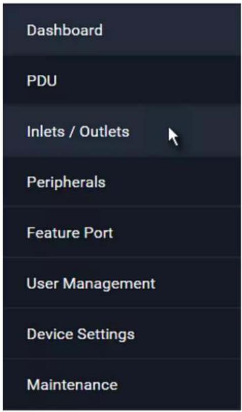 Dashboard PDU Inlets / Outlets Peripherals Feature Port User Management Device Settings Maintenance