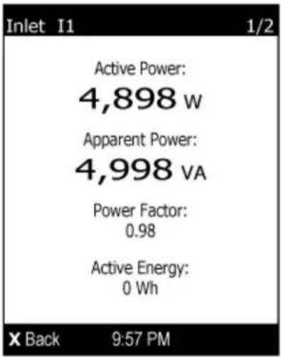 Inlet I1 1/2 Active Power: 4,898 w Apparent Power: 4,998 VA Power Factor: 0.98 Active Energy: 0 Wh X Back 9:57 PM