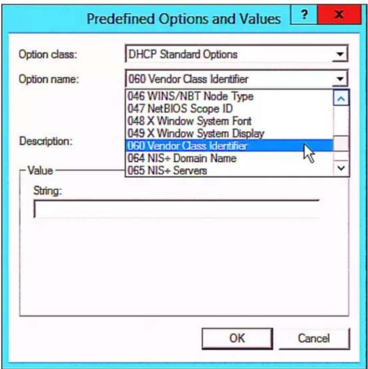 Predefined Options and Values Option class: DHCP Standard Options Option name: 060 Vendor Class Identifier 046 WINS/NBT Node Type 047 NetBIOS Scope ID 048 X Window System Font 049 X Window System Display Description: 060 Vendor Class Identifier 064 NIS÷ Domain Name 065 NIS÷ Servers Value String: OK Cancel
