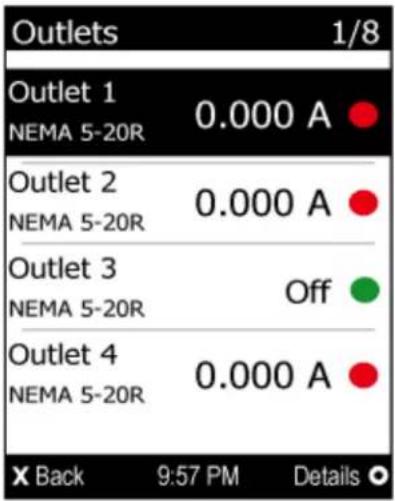 Outlets 1/8 Outlet 1 NEMA 5-20R 0.000 A Outlet 2 NEMA 5-20R 0.000 A Outlet 3 NEMA 5-20R Off Outlet 4 NEMA 5-20R 0.000 A X Back 9:57 PM Details