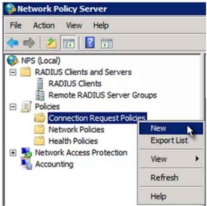 Network Policy Server File Action View Help NPS (Local) RADIUS Clients and Servers RADIUS Clients Remote RADIUS Server Groups Policies Connection Request Policies Network Policies Health Policies Network Access Protection Accounting New Export List View Refresh Help