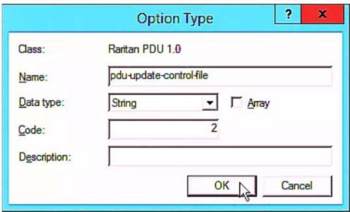 Option Type Class: Raritan PDU 1.0 Name: pdu-update-control-file Data type: String Array Code: 2 Description: OK Cancel