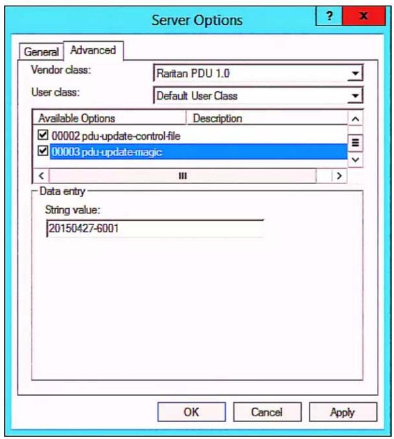 Server Options General Advanced Vendor class: Raritan PDU 1.0 User class: Default User Class Available Options Description ✓ 00002 pdu-update-control-file ✓ 00003 pdu-update-magic Data entry String value: 20150427-6001 OK Cancel Apply