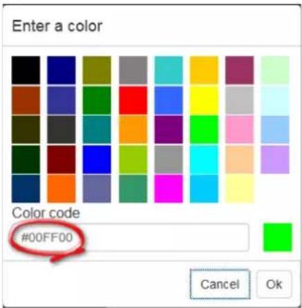 Enter a color Color code #00FF00 Cancel Ok