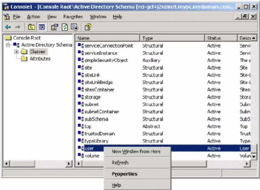 Console1 - [Console Root\Active Directory Schema [rci-gcf4]2nzmzt.mypc.mydomain.com... File Action View Favorites Window Help Console Root Active Directory Schema Classes Attributes Name Type Status Desci serviceConnectionPoint Structural Active Servi serviceInstance Structural Active Servi simpleSecurityObject Auxiliary Active The s site Structural Active Site siteLink Structural Active Site-l siteLinkBridge Structural Active Site-l sitesContainer Structural Active Sites- storage Structural Active Store subnet Structural Active Subn subnetContainer Structural Active Subn subSchema Structural Active SubS top Abstract Active Top trustedDomain Structural Active Trust typelibrary Structural Active Type User New Window from Here Active User volume Active Volun Refresh Properties Help