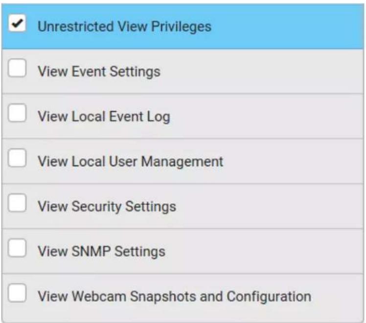Unrestricted View Privileges View Event Settings View Local Event Log View Local User Management View Security Settings View SNMP Settings View Webcam Snapshots and Configuration