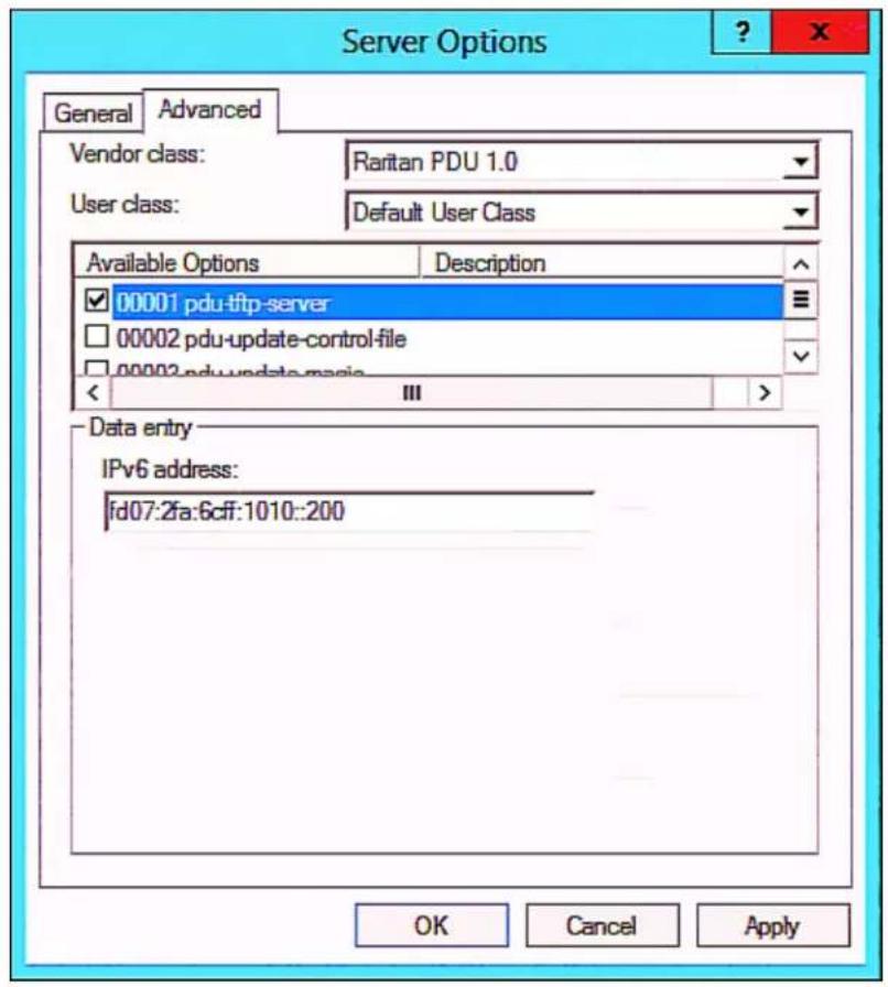 Server Options General Advanced Vendor class: Raritan PDU 1.0 User class: Default User Class Available Options Description ✓ 00001 pdu-tftp-server ☐ 00002 pdu-update-control-file ☐ 00002.pdu-update-magia < III > Data entry IPv6 address: fd07:2fa:6cff:1010::200 OK Cancel Apply