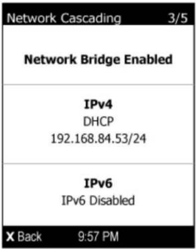Network Cascading 3/5 Network Bridge Enabled IPv4 DHCP 192.168.84.53/24 IPv6 IPv6 Disabled X Back 9:57 PM