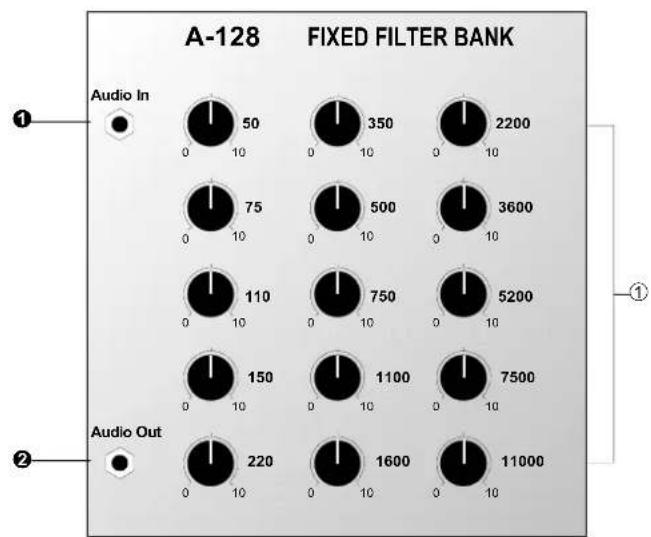 A-128 FIXED FILTER BANK Audio In ① Audio In 50 350 2200 75 500 3600 110 750 5200 150 1100 7500 220 1600 11000 Audio Out