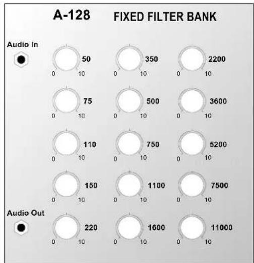A-128 FIXED FILTER BANK Audio In 50 350 2200 75 500 3600 110 750 5200 150 1100 7500 220 1600 11000 Audio Out