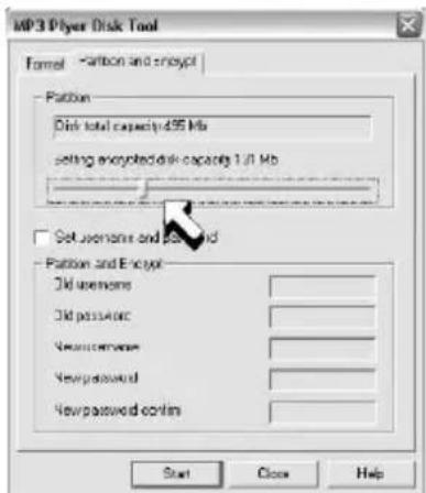 MP3 Flyer Disk Tool Format -carbon and encrypt - Pattern Disk total capacity:45 Mb setting encrypted disk capacity:1.0 Mb Set username and password - Pattern and Encrypt Old username: Old password: New username: New password: New password confirm: Start Close Help