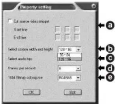 Property setting □ Cut source color/skipper Sort line Exchange Select screen width and height 128 °6 Select audio bars 55 °64 Frames per second 128 °66 *Edit Elnop colorspace RGB/86.6 OK Exit a b c d e