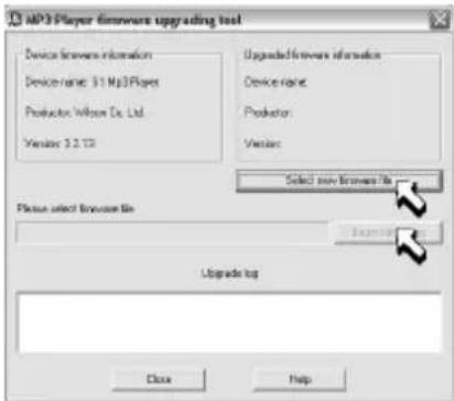 MP3 Player firmware upgrading tool Device hardware information Device name: $1 MP3 Player Producer: Wilson Co. Ltd. Vendor: 3.2 TX Upgrade hardware information Device name: Producer: Vendor: Select new software file Please select software file Upgrade log Close Help
