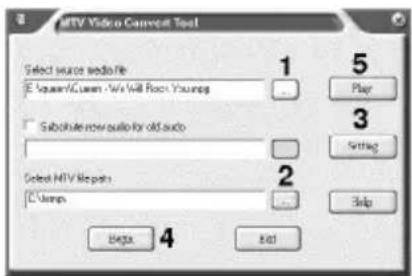 MTV Video Convert Tool Select source media file E:\square\C\cam - We Will Store\Youing Substitute now audio for old audio Select MTV Map pins C:\upsips 1 Play 2 3 Setting Help 4 Edit