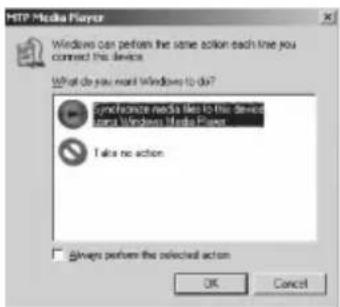 HIP Media Player Windows can perform the same action each line you connect this device. What do you want Windows to do? Synchronous media files to the server solar Windows Media Player Take no action Always perform the selected action OK Cancel