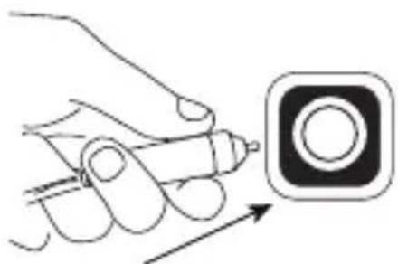 Line drawing of a hand holding a pen with an icon next to a square button (no text or symbols)